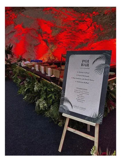 The menu for a live Poi Bar I created for an event. It featured options like Chicken Cafreal and Mushroom Balchao, showcasing my ability to create unique, themed stations.