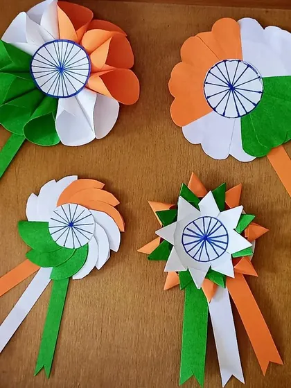 Tricolor badges made by the children to celebrate India's Independence Day. This is a simple yet patriotic craft that instills a sense of national pride.