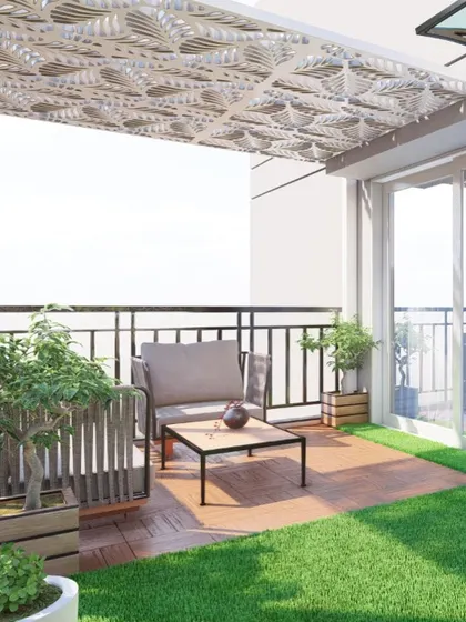 This is a design concept for a 200 sq. ft. terrace. My goal was to make it simple yet elegant, with a unique laser-cut pergola roof that creates beautiful shadows, comfortable seating, and a mix of wood decking and artificial grass.