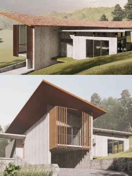 Conceptual design renders for a hill house in the Nilgiris, overlooking a lake. The design features a prominent sloping roof and wooden screens to frame views.