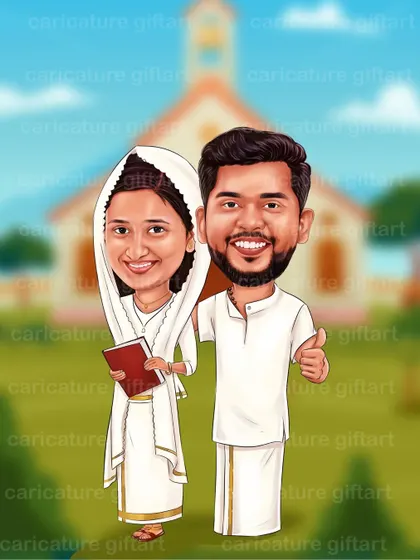 A classic Christian wedding caricature, with the couple dressed in traditional white attire in front of their church. It's a simple and elegant way to capture the memory of your special day.