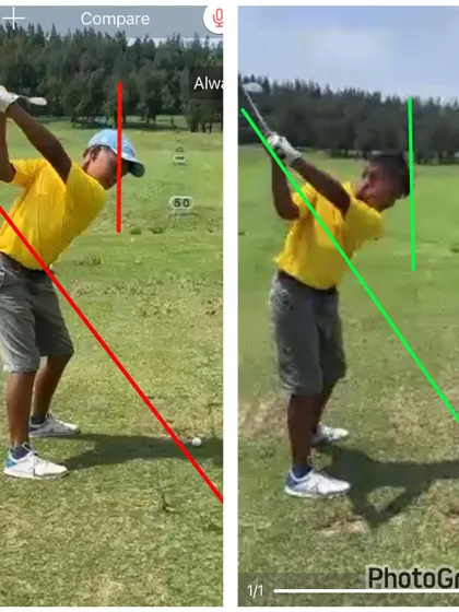 The top of the swing comparison. We worked on preventing the club from getting laid off, which you can see in the "after" image.