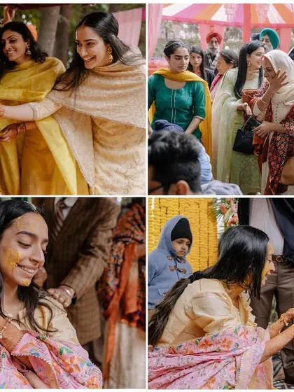 A collage from a Punjabi Haldi ceremony, showing the bride being blessed by her family. The warm colors and happy faces tell a beautiful story.