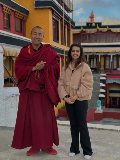 A moment of connection with a senior Gyeshe (monk) at Thiksey Monastery. The warmth and wisdom shared in these encounters are some of the most precious takeaways from our journeys.