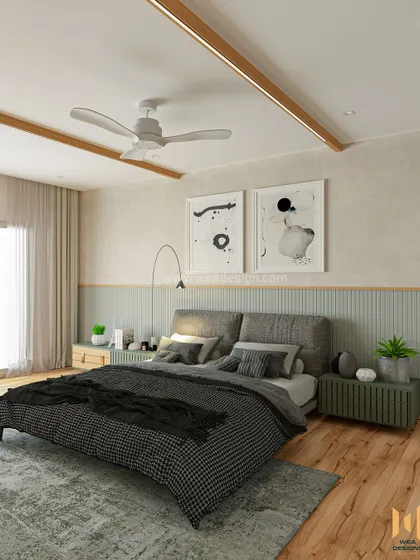 A wider angle of the Scandinavian bedroom, showing the balance of textures and the calm, neutral color palette.