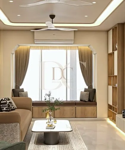 A view of the living room showing the comfortable window seating with built-in storage drawers. It’s the perfect cozy nook for reading a book or enjoying a cup of tea while looking out at the city.