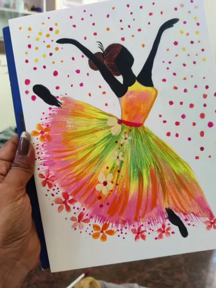 A painting of a dancer in a colorful dress, created with gouache. This piece is all about freedom, movement, and joy.