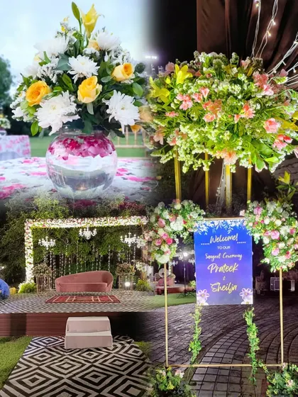 A collage of a Sangeet ceremony, showing the floral centerpieces, the elegant stage, and the personalized welcome sign.