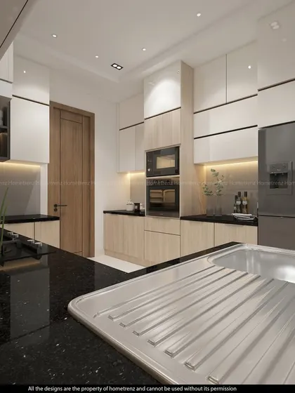 This kitchen combines light wood-look lower cabinets with white upper cabinets for a bright, airy feel. I used a black granite countertop for contrast and durability, and integrated the sink and hob for a seamless look.
