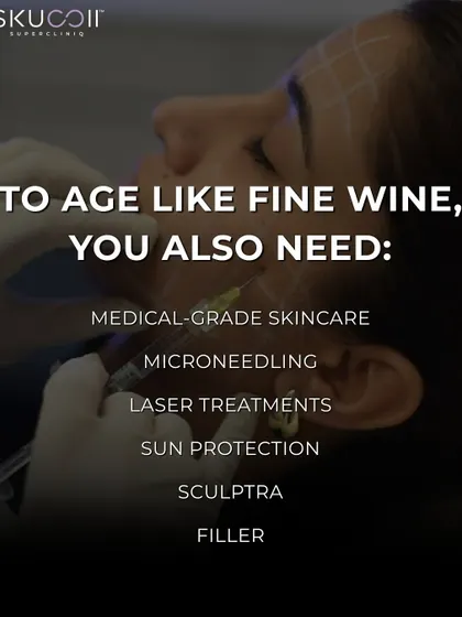 To age like fine wine, a synergistic approach is key. This graphic lists the essential components we use alongside wrinkle relaxers, including medical-grade skincare, microneedling, laser treatments, Sculptra, and fillers to restore volume, improve texture, and boost collagen.