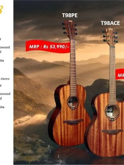 The Lâg Tramontane 98 series, featuring solid Khaya mahogany tops. Available in Parlor (T98PE) and Auditorium (T98ACE) sizes, these guitars offer a warm, balanced tone.