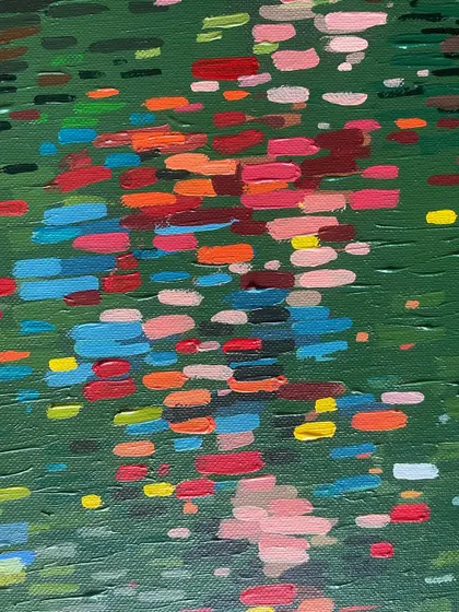 A macro shot of the water's surface in 'Colorful Lake', showing the abstract, colorful reflections painted as thick dabs of color.