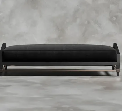 A frontal view of the sophisticated black bench, highlighting its clean lines and luxurious materials.