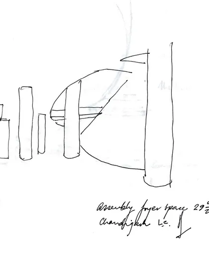 This sketch isolates the columns and forms of a foyer space. I am fascinated by the 'in-between' spaces, the areas of transition that are so crucial to the experience of a building.