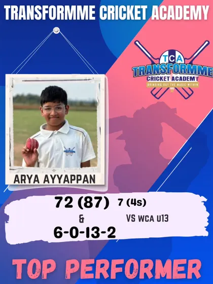 Arya Ayyappan's all-round show in the U-13 Summer Cup, scoring a fifty and taking 2 wickets.