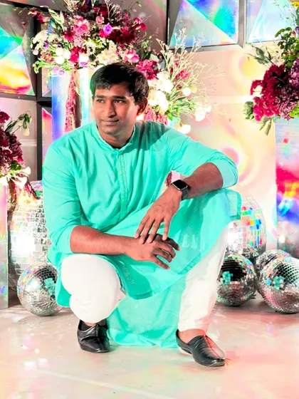A photo from a sangeet with a cool, retro disco theme. I love working with creative decor and unique event concepts.