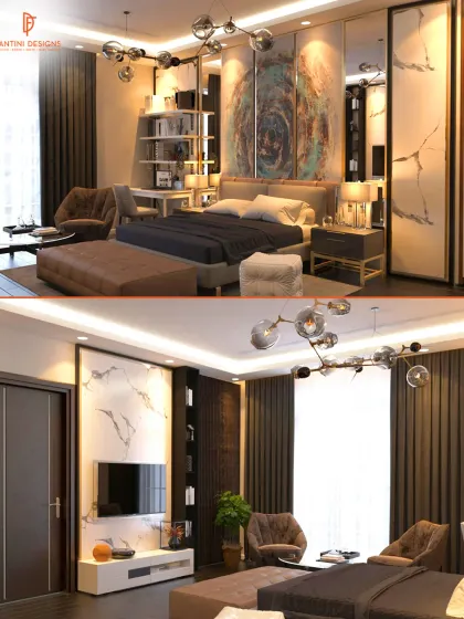A modern bedroom designed to bring harmony and warmth. The space features a stunning piece of abstract art above the bed, marble-patterned wall panels, and unique lighting fixtures, all working together to create a creative and comfortable room.
