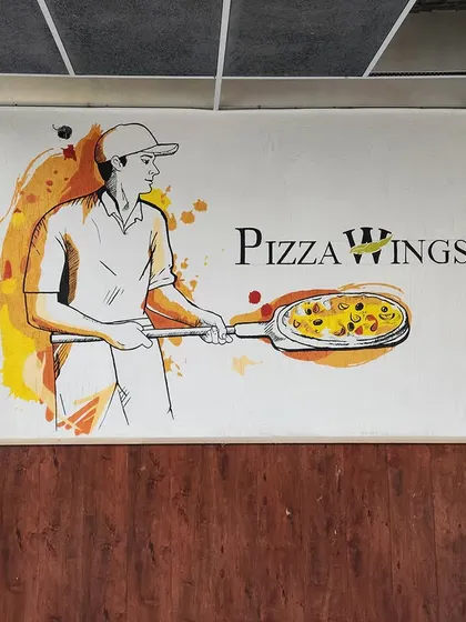 A custom illustration for Pizza Wings in Karnal, combining a classic pizza chef sketch with a watercolor splash effect. This type of art adds a personal, artisanal touch to a restaurant's branding.