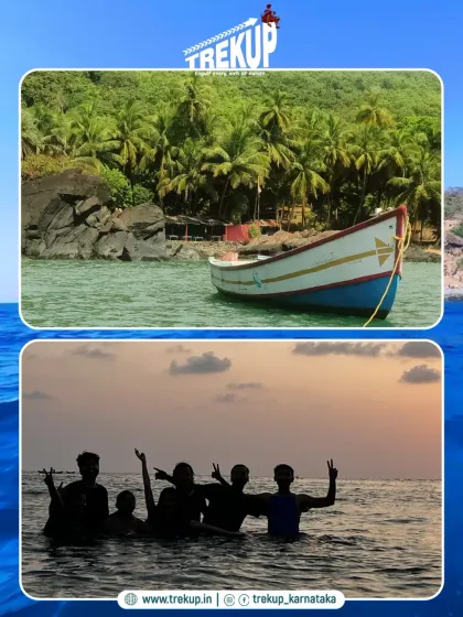 A collage capturing the vibe of our Gokarna beach trips: silhouettes of friends in the water at sunset and traditional fishing boats resting on the shore.