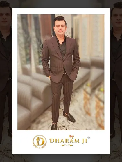 A happy client in a brown pinstripe suit. The fit is perfect, creating a sharp and professional look for him.