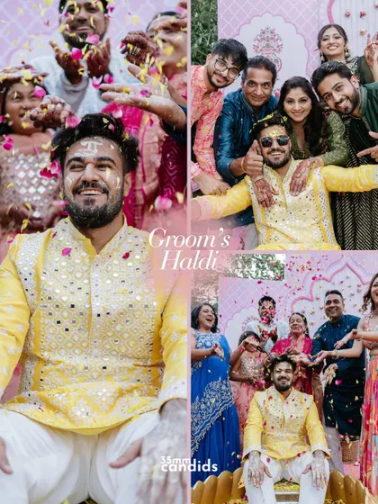 A collage showcasing the groom's Haldi ceremony, full of laughter, flowers, and joyful moments with family and friends.