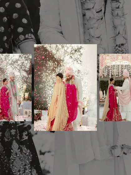 An artistic collage focusing on the details of the Varmala ceremony. It layers textures of the couple's outfits with the magical moments of their union.