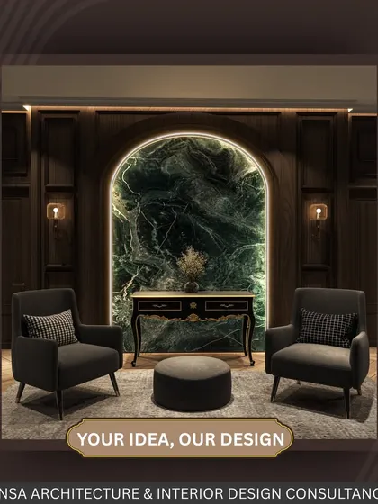Your idea, our design. This moody, modern seating area is a perfect example of how I blend drama and depth. The arched, backlit green marble panel creates a stunning focal point, framed by dark wood and elegant armchairs.