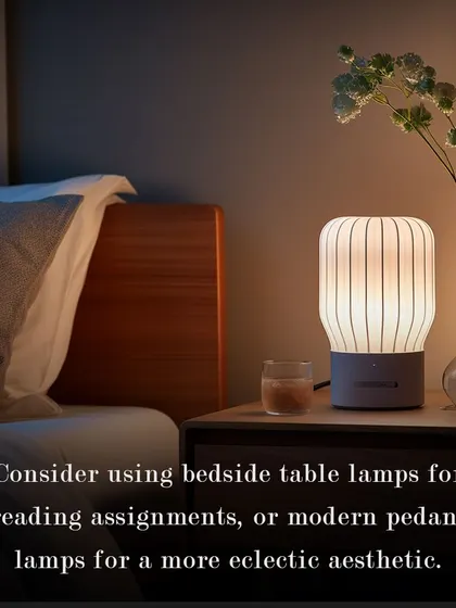 Lighting Guide: Bedside table lamps are perfect for reading, while modern pendant lamps can offer a more eclectic aesthetic for your bedroom.