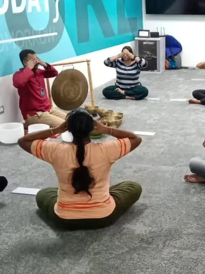 Participants engage in a simple breathing exercise, a part of the yogic practices I integrate to enhance the meditation. This helps to center the group and prepare them for the sound healing journey ahead.