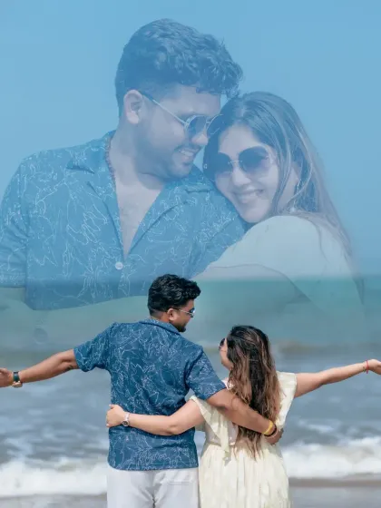 A dreamy, blue-toned collage of the couple on the beach. This photo captures the feeling of being lost in their own world by the sea.