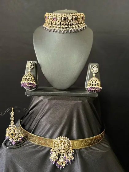 A closer look at the purple Victorian choker set. The intricate design and colour make it a standout piece for any special occasion.
