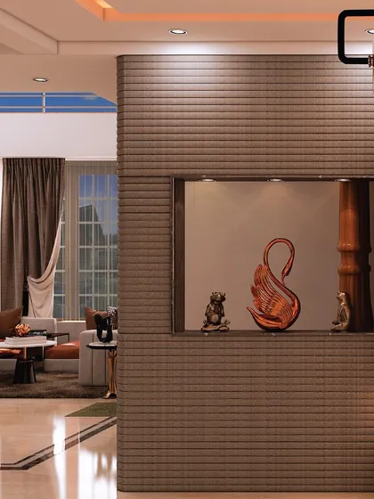 For this project, I designed a custom breakfast counter with 3D paneling and a wooden top to serve as a highlight. The space flows from the pooja unit to the dining area, with premium wallpaper and lighting creating a warm, cohesive feel.