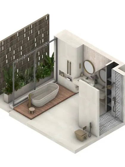An illustrated axonometric view of a bathroom for the Pavilion Villas. This type of drawing is invaluable for visualizing how materials, fixtures, and light will interact in a compact, functional space.