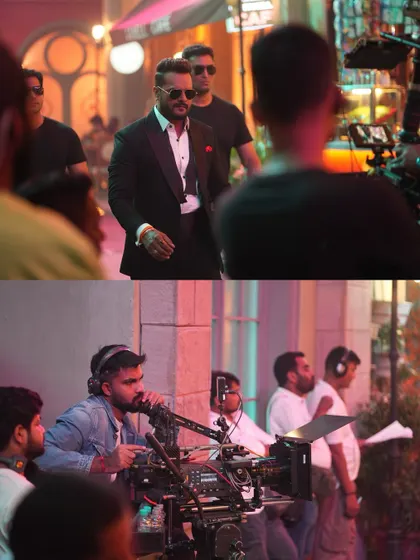 On set with the talent and crew for the Patanjali commercial. Our lighting created a warm and inviting atmosphere for this street scene.