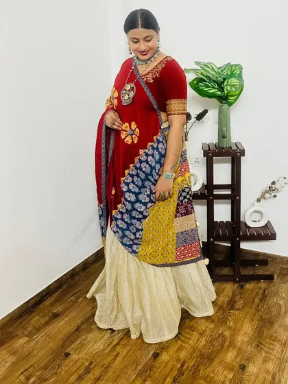 My personal look for Navratri. I styled this patchwork lehenga with oxidized silver jewellery for a traditional yet eclectic festive vibe.
