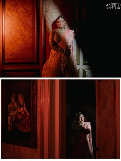 Moody and artistic bridal portraits using dramatic spot lighting. These shots have a cinematic and high-fashion feel.