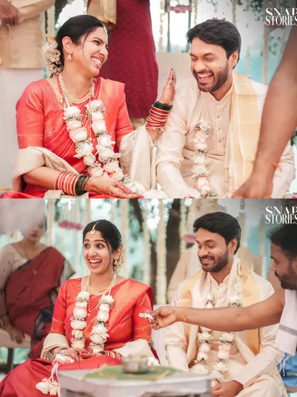 Two candid shots of the couple laughing and enjoying their wedding rituals. These unposed moments are often the most cherished memories.