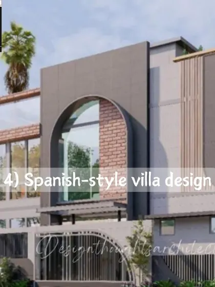 An educational graphic labeling a design as a "Spanish-style villa design," featuring its characteristic arches, brickwork, and modern forms.