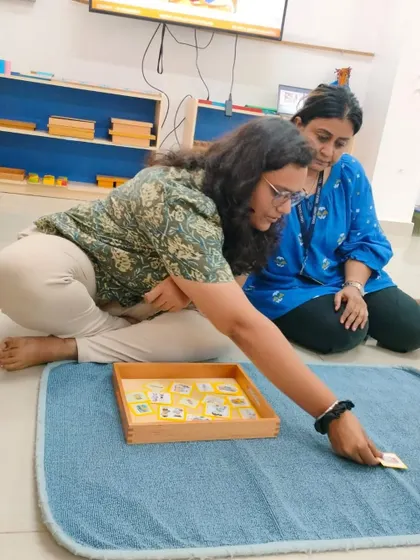 A teacher at Legacy School explores a set of nomenclature cards, a key material for vocabulary building and classification in a Montessori classroom.