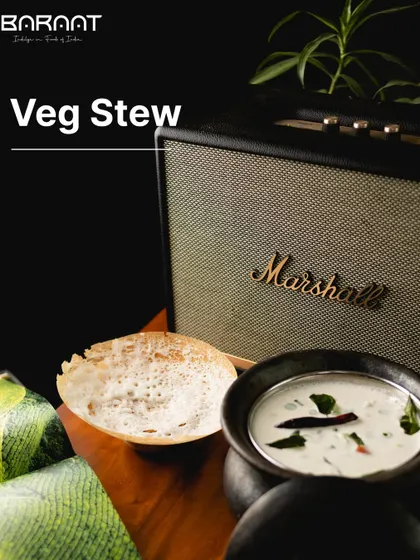 Our Veg Stew, served with a classic Appam, is a mild, creamy, and comforting dish, gently flavoured with coconut milk and whole spices.