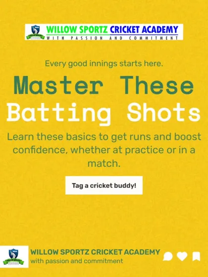 "Master These Batting Shots." This graphic encourages young batsmen to build their confidence by learning the fundamental shots of cricket.