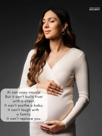 A powerful maternity portrait with a quote stating that AI can't build trust, soothe a baby, or replace the human connection a photographer provides.