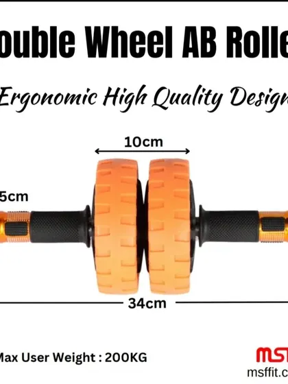 The dimensions and max user weight (200KG) of our robust Double Wheel Ab Roller.