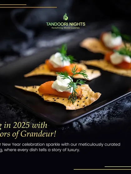 Ring in 2025 with flavors of grandeur. These elegant canapés on a black slate platter are part of our meticulously curated New Year catering menu.