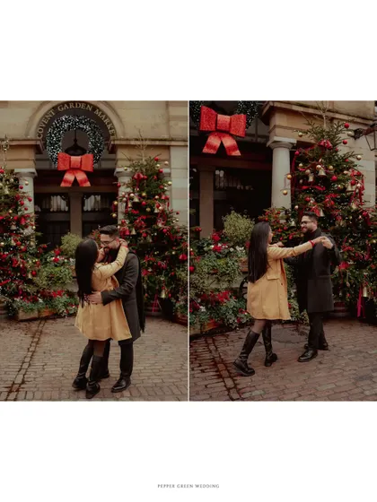 Dancing in front of the beautifully decorated Covent Garden Market. This Christmas-themed pre-wedding shoot in London was full of warmth and festive spirit.