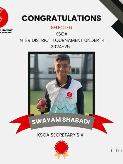 Congratulations to our young off-spin sensation, Swayam Shabadi, on his selection in the Secretary XI for the KSCA Inter District U-14 Tournament.