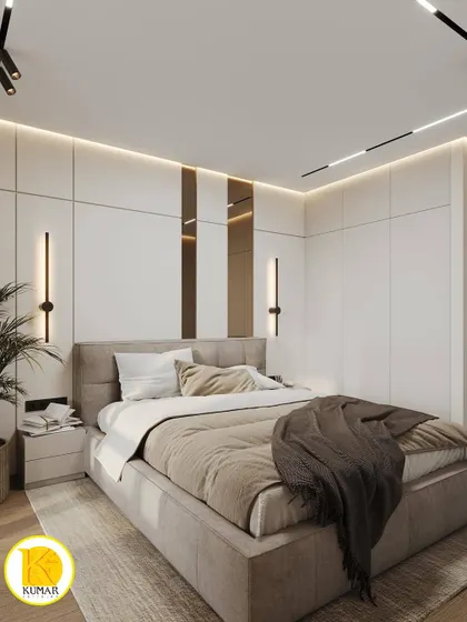 A frontal view of the bed, highlighting the modern wall sconces and the clean lines of the furniture.