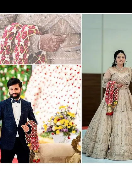 A creative collage capturing the couple's reception look and their grand entrance.