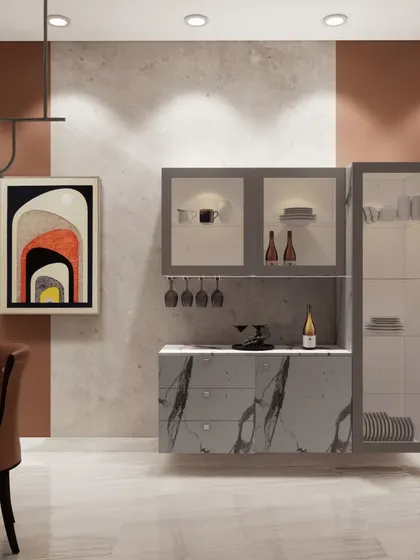 A floating crockery unit concept with a grey and marble-finish design, complete with wine glass hangers and display cabinets.