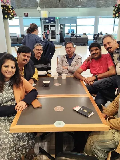 Having coffee with actor Vijay Raghavendra sir and other artists at the Brisbane airport during our Australia tour.